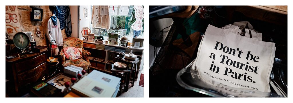 パリ前撮り旅行のお土産におすすめ。マレ地区のアンティーク雑貨店オリジナルのエコバックや衣服。